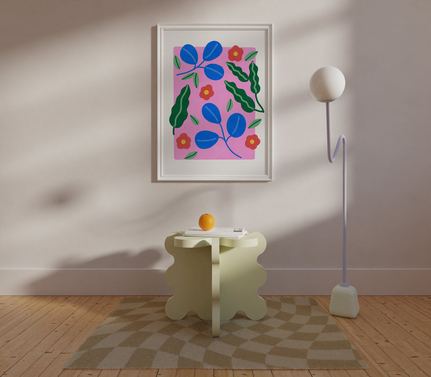 Bright and colorful Foliage Fantasy artwork enhancing a modern living space with stylish furniture and decor.