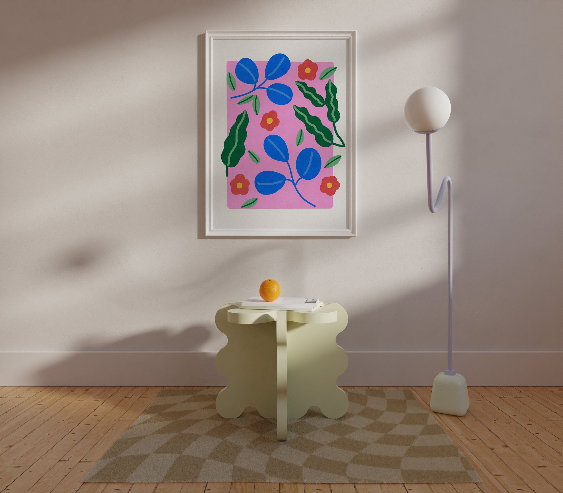 Bright and colorful Foliage Fantasy artwork enhancing a modern living space with stylish furniture and decor.