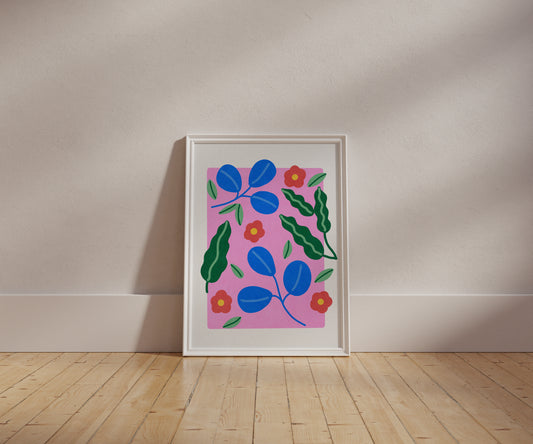 Bright and vibrant Foliage Fantasy art print, featuring colorful leaves and flowers, perfect for home decor.