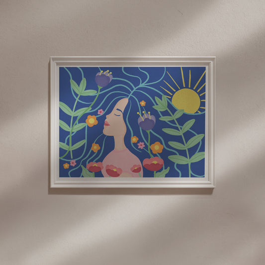 Colorful artwork titled "Oh Mother" featuring a serene woman surrounded by vibrant flowers and sunshine.