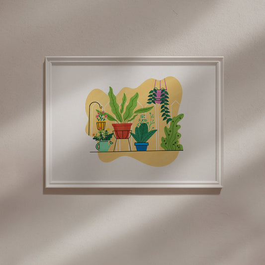 Bright and colorful illustration of plants in pots, reflecting a vibrant Summer Garden theme. Perfect for home decor.